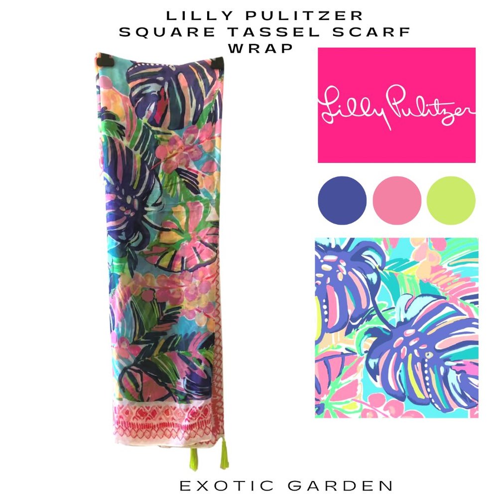Lilly Pulitzer Square Scarf Wrap, Exotic Garden Tassel